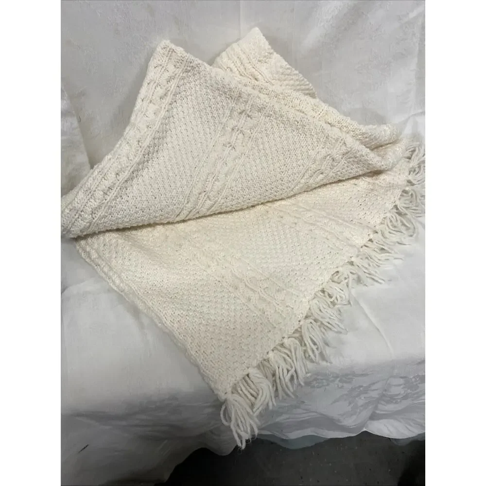 Handmade Crochet Afghan Ivory With Fringe Edges 42”X 42”